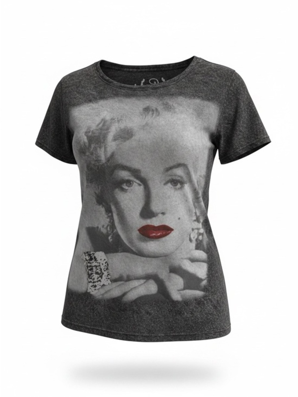 Gray Short-Sleeve Graphic Tee with Red Lip Accent